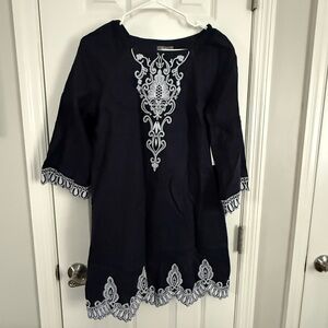 Neiman Marcus Navy Linen Tunic with White Embroidery NWT Size S